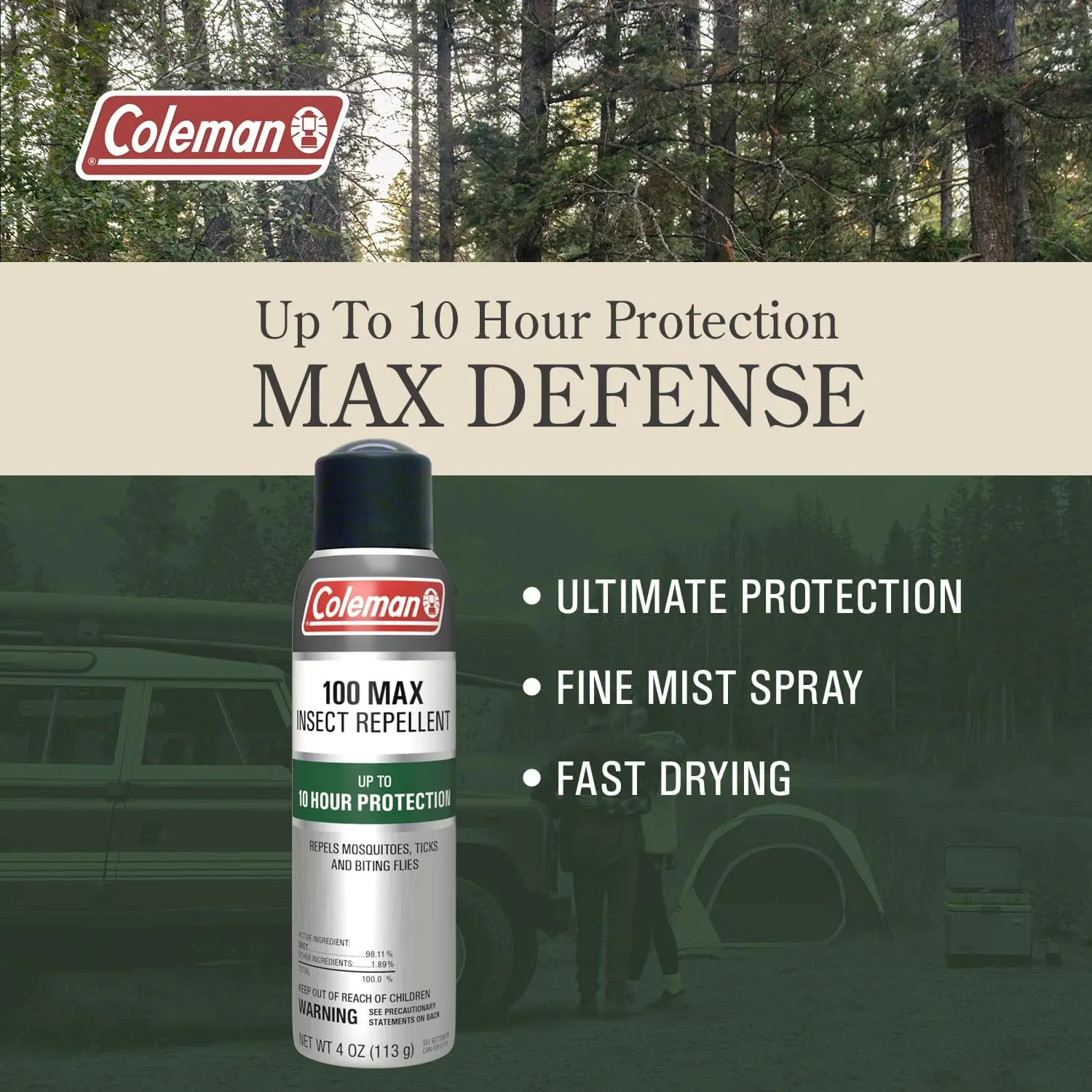 Coleman Insect Repellent Spray, 100% MAX DEET, Protection Against Ticks, Mosquitoes, Chiggers, Gnats, Fleas, Ideal for Camping, Hiking, and Outdoor Activities, 4oz Continuous Spray
