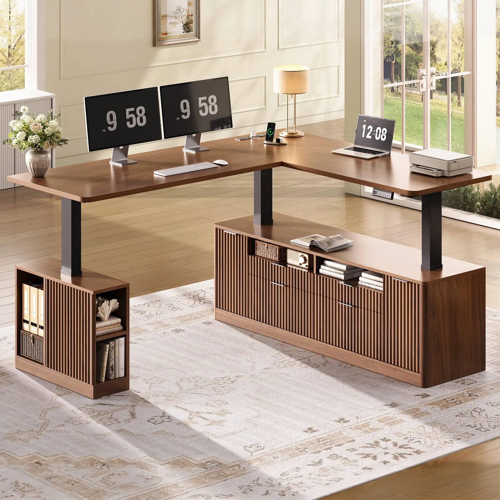 Sedeta 69 In L-Shaped Electric Height-Adjustable Wood Desk - Commercial Office Furniture with 4 Drawers, Shelves, Monitor Shelf, Fluted Textures, Power Outlet, USB Ports, Storage Platform, Energy Efficiency, Assembly Required, Wood Workstation