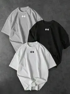 Gym Inspired Men's 3 Pack Oversized Classic T-Shirts, Minimal Dumbbell Basic Crewneck Tops, Trendy Versatile Everyday Workout Casual Shirts, Menswear (White/Black/Gray)