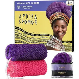 RelaxScene Authentic African Exfoliating Net Sponges With Knots - 2 Pieces Real African Loofah Shower Sponges -  Bathing Body Scrubber Exfoliating Washcloth Purple & Green - Africa Bath Sponges for Back Scrubber Shower Accessories Personal Gift Hanging