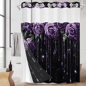 1PC 2D Flat Purple Rose Flower Pattern Double-Layer Woven Shower Curtain (No Hooks), Transparent Top Window, Removable Liner with Clips, Modern and Unique Home Bathroom Partition Art Decoration, Bathroom Decor, Restroom Decor, Holiday Decoration