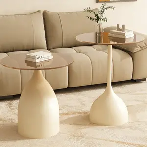 Milky White Aesthetic Tempered Glass Side Table  Compact Round Bedside Table  Sturdy and Space-Saving Decorative Table Suitable for Living Room Sofa, Bedroom Nightstand, Balcony, and Home Office
