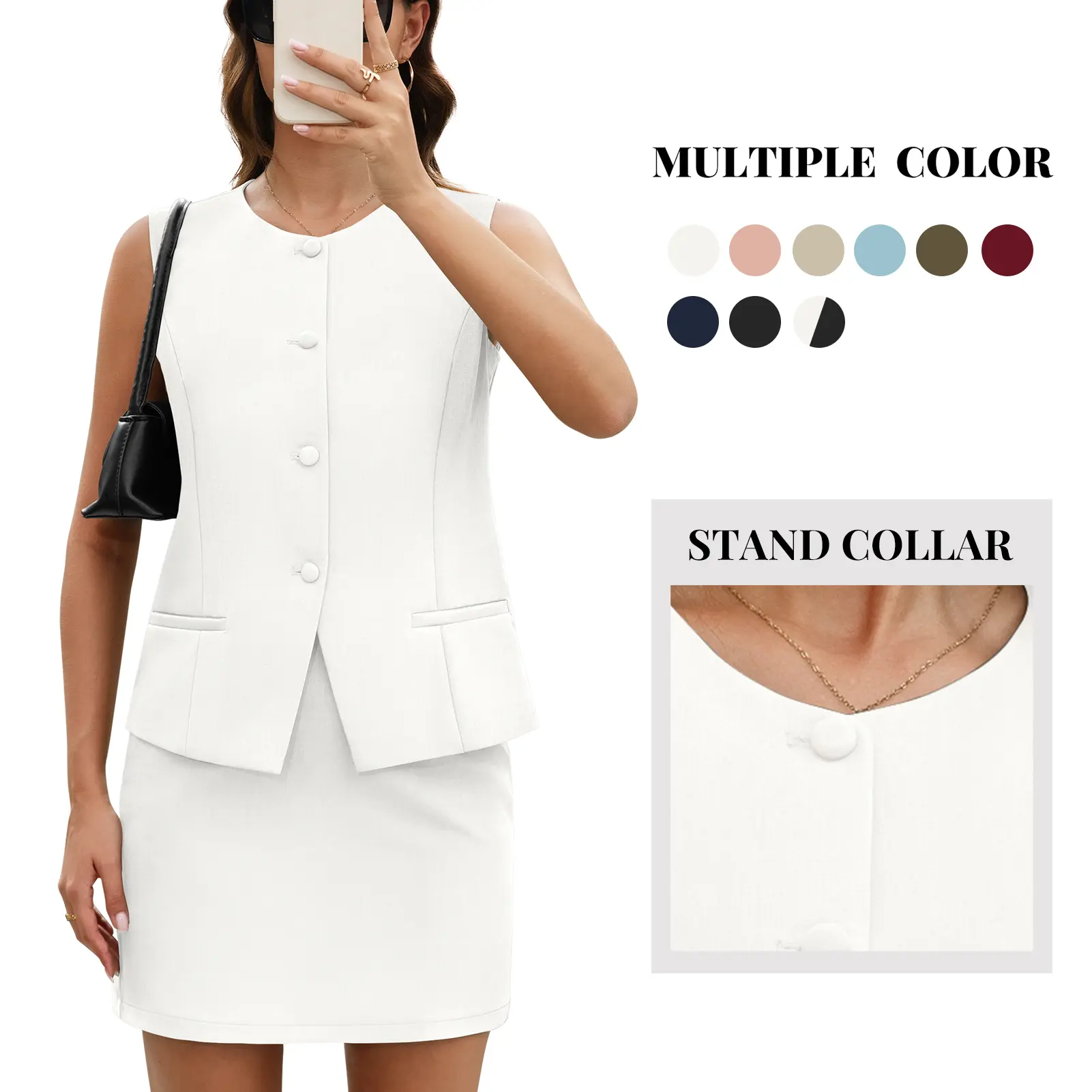 Women's 2-Piece Fitted Plain Chic Business Casual Set - Breathable Nylon Vest Fabric Matching Crew Neck Sleeveless Button-Down Blazer & Slim-Fit Pocketed Short Skirt, Comfortable Summer Office Work Outfit, Solid Black White