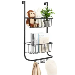 Garvee Over The Door Organizer, 2-Tier Metal Shower Caddy with 6 Hooks, Adjustable Hanging Storage for Bathroom, Bedroom, Pantry, and Closet, Space-Saving Solution, Dimensions 11.8"x5.1"x24.2"