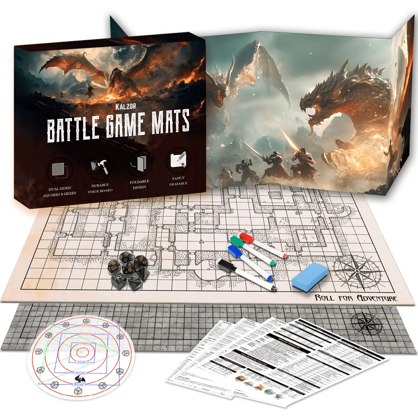 DnD TTRPG RPG Game Set - Battle Map Pack with Double-Sided Board, DM Screen, Spell AOE Template, Dice Kit, Pens, Eraser, Erasable Grid Terrain Map - Perfect Accessory & Gift for Christmas, Birthday, D&D Themed