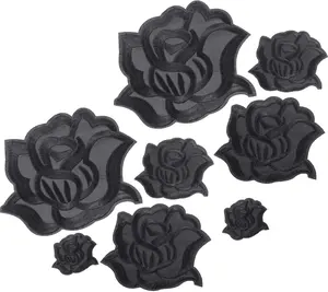 8 count Black Iron on Rose Flower Patches for Clothes Fabric Repair 4 Size Embroidered Sew on Flower Applique Patches for Jacket Jeans Clothes Hats Shoes Bags