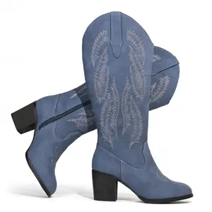 Cowboy Boots For Women Retro Classic Embroidered Western Boots Stacked Jeans Cowgirl Boots with Chunky Block Heel Pull On Side Zipper Round Toe Mid Calf Boots
