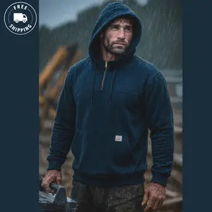 HISEA Men's Fleece Work Hoodie Water-Resistant Heavyweight Quarter-Zip Hooded Sweatshirt Warm Insulated Pullover for Outdoor Work & Casual Wear with Kangaroo Pocket & Media Pocket
