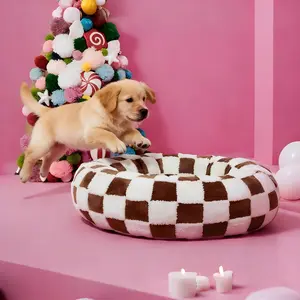 This soft, fluffy round pet bed with cloud pattern is designed for dogs and cats, offering a cozy and calming resting space.