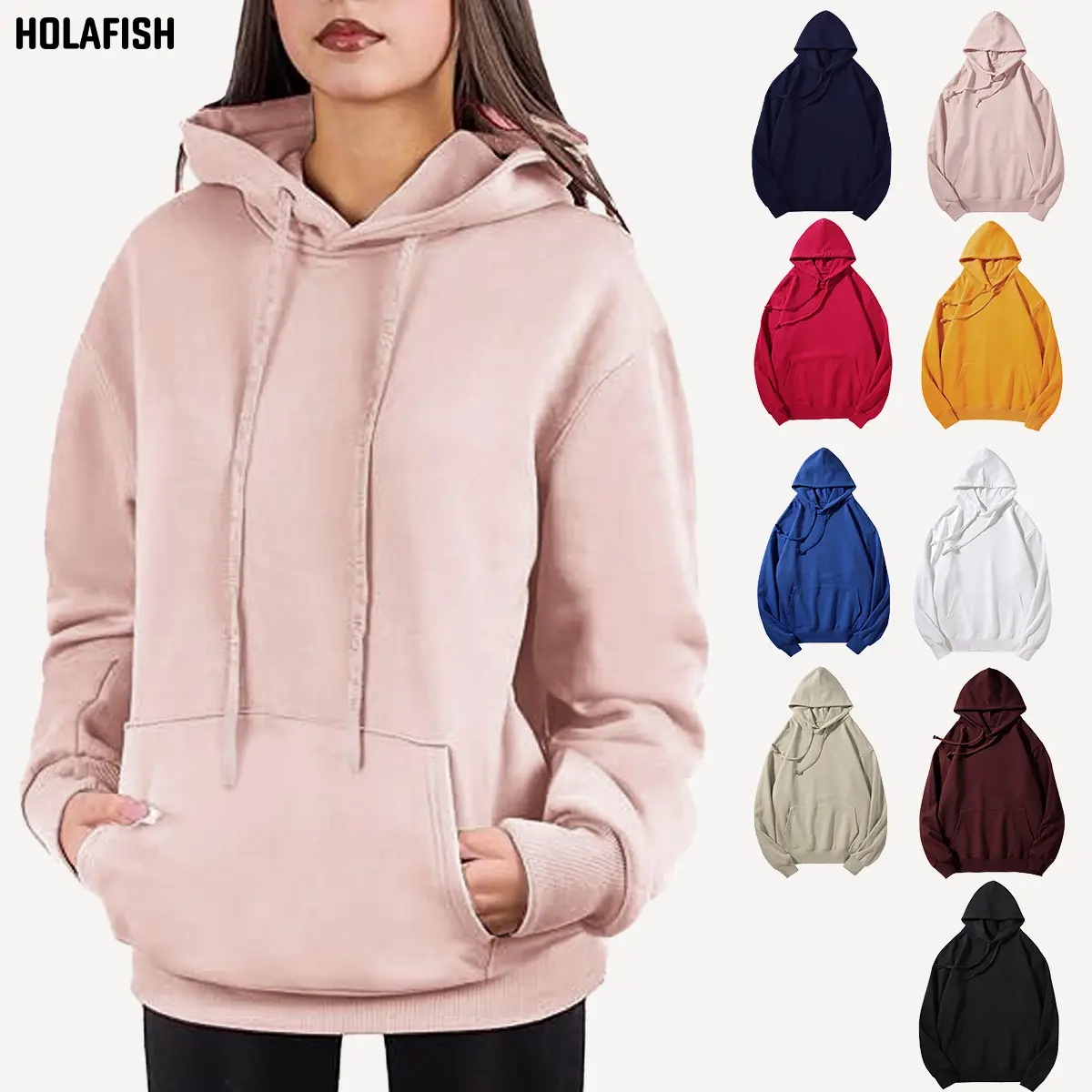 Holafish Women's Korean-Style Fleece Pullover Hoodie, Casual Soft Cotton-Blend Sweatshirt with Kangaroo Pocket, Ribbed Cuffs, Loose Fit, Foldable Plain Design for Work & Everyday Wear (Do Not Dry Clean)