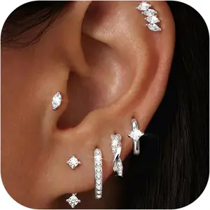 6 Pairs 925 Sterling Silver Earrings for Women Trendy, 14K Gold Plated Small Huggie Hoop Earrings Set, Hypoallergenic Stud Earring Stacks CZ Cartilage Earring Sets for Multiple Piercing