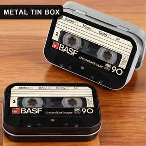1Pc Realistic Retro Cassette Tape Metal Tin Box with Hinged Lid - Vintage Style Small Storage Containers, Jewelry Boxes for Earbuds, Jewelry, Coins & Small Tools - Durable Rectangular Tinplate Organizer Case, Gift for Music Lovers & Collectors