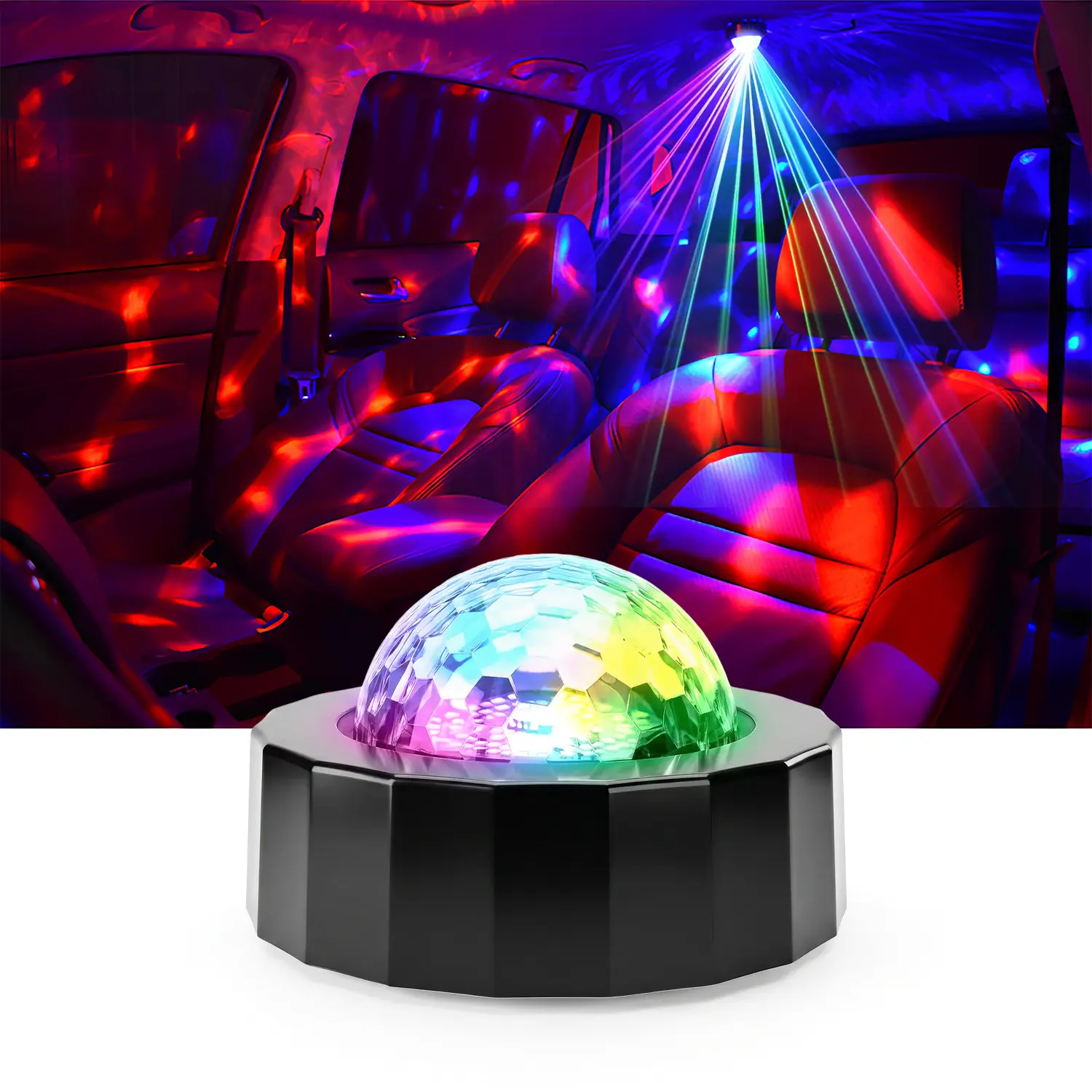 Car Disco Ball Light - 2 Modes (Sound Activated/Auto Flash), Magnetic Base, Rechargeable Battery, USB Charging Cable, Portable Adjustable Car Interior Decor Club Light for Vehicle Parties, Game Room