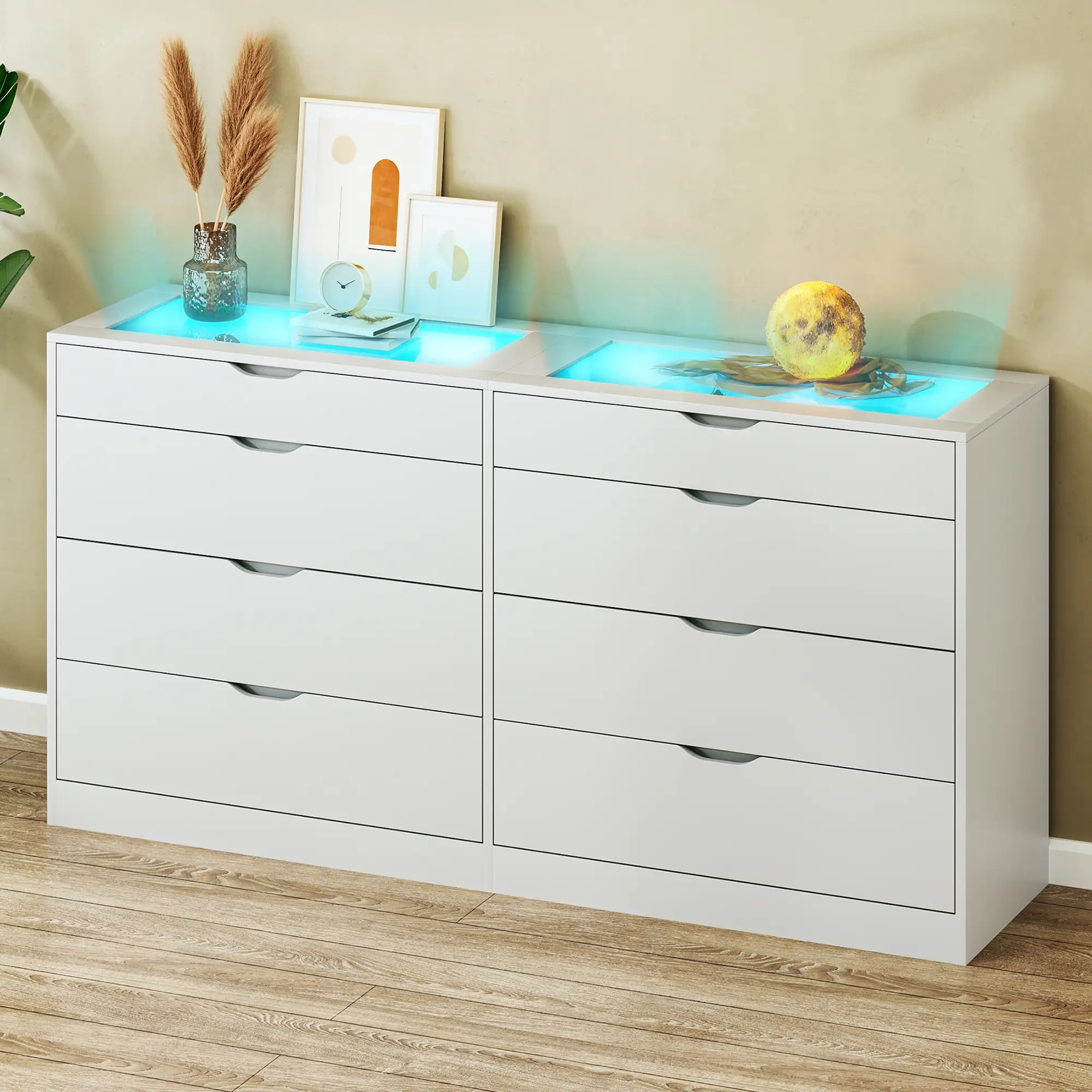 8 Drawer Dresser for Bedroom, White Dresser for Bedroom with LED, 55.1''W Chest of Drawers with Glass Top, Modern Double Wide Drawer Large Dresser for