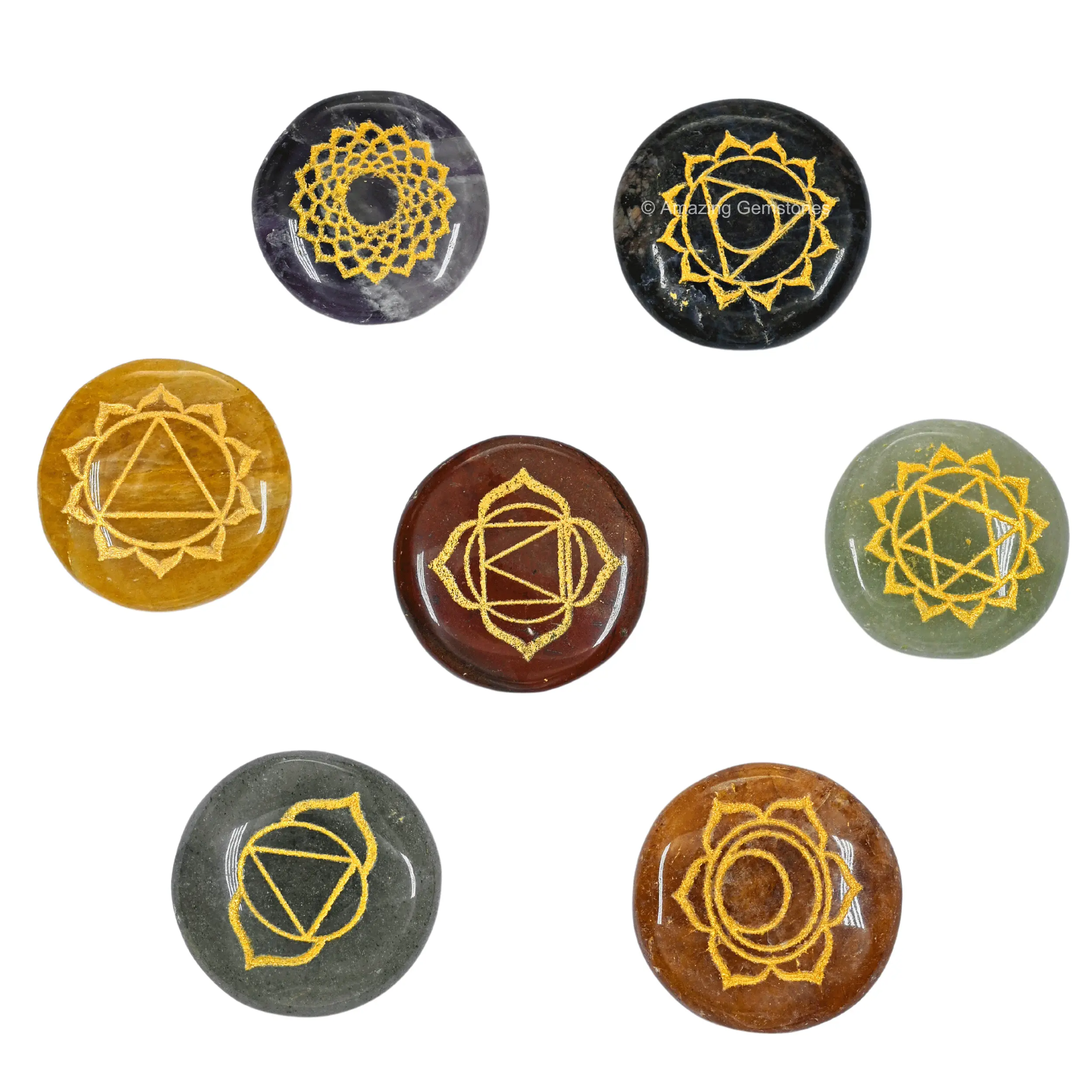 Amazing Gemstone 7 Chakra Reiki Healing Crystal Set - Engraved Symbol Polished Palm Stones for Religious Chakra Balancing Home Decor