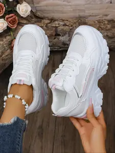 Women's new Athletic athleisure lace-up sneakers, Mesh fabric sneakers, breathable uppers with comfortable design, platform heightened height with jeans and short skirts, suitable for daily casual and commuting wear, gifts and back-to-school season