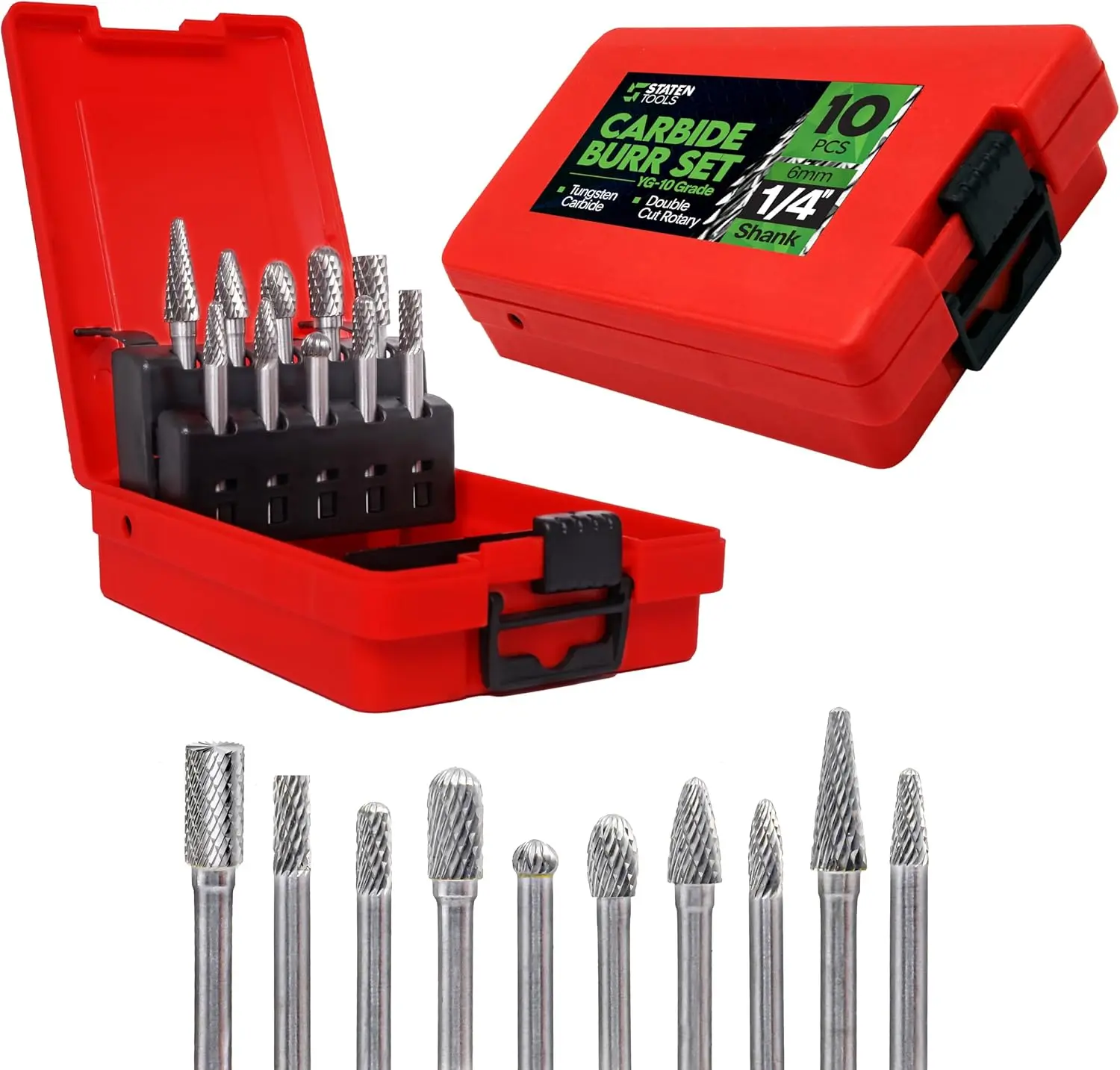 Carbide Burr Set 1/4'' Shank - 10pcs Double Cut Die Grinder Bits for Milling, Engraving, Carving, Deburring & Drilling Wood & Metal - Tungsten Carbide