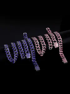 Hip Hop Punk Blue/ Iced Out Binging Cuban Chain Stacked Necklace Bracelet Chunky Jewelry Set, High Quality Sparkling Colorful Gift for Men Women