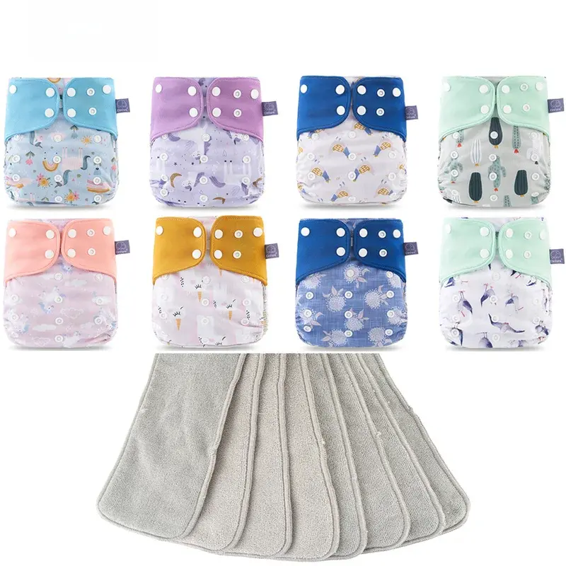 Reusable Waterproof Baby Pocket Nappies (8 Pcs Gray Mesh Cloth Nappies with 8 Pcs Microfiber Inserts) - Swim-Ready Cloth Diapering Set, Swim Diapers Reusable