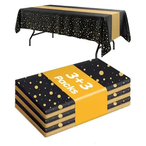 Black and Gold Tablecloth and Runner Set – 6-Pack Plastic Covers for Rectangular Tables, Great for Graduation, Birthday, Wedding, or Holiday Events