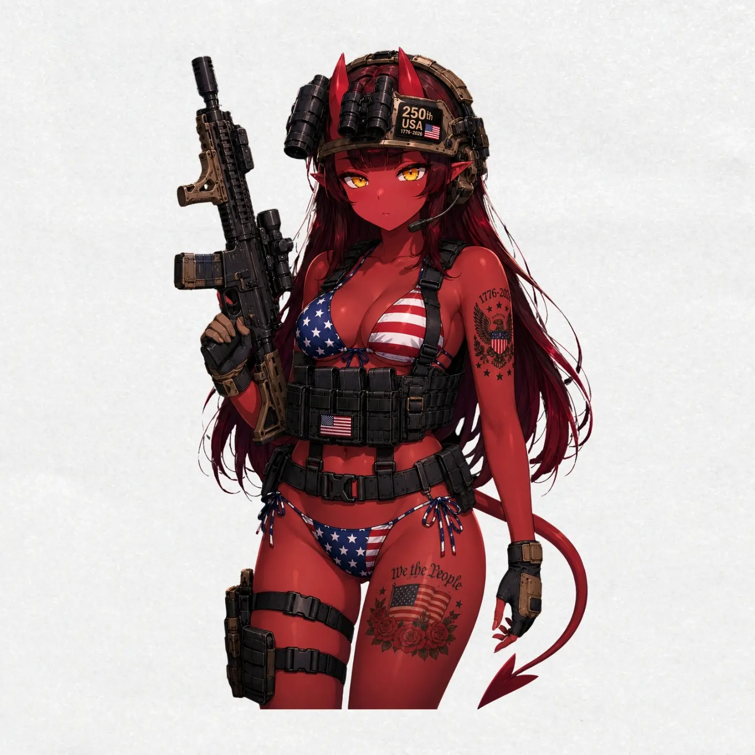 Meru Succubus 250th USA 4th of July Vinyl Sticker, Tactical Demon Bikini Anime Gun Girl Decal