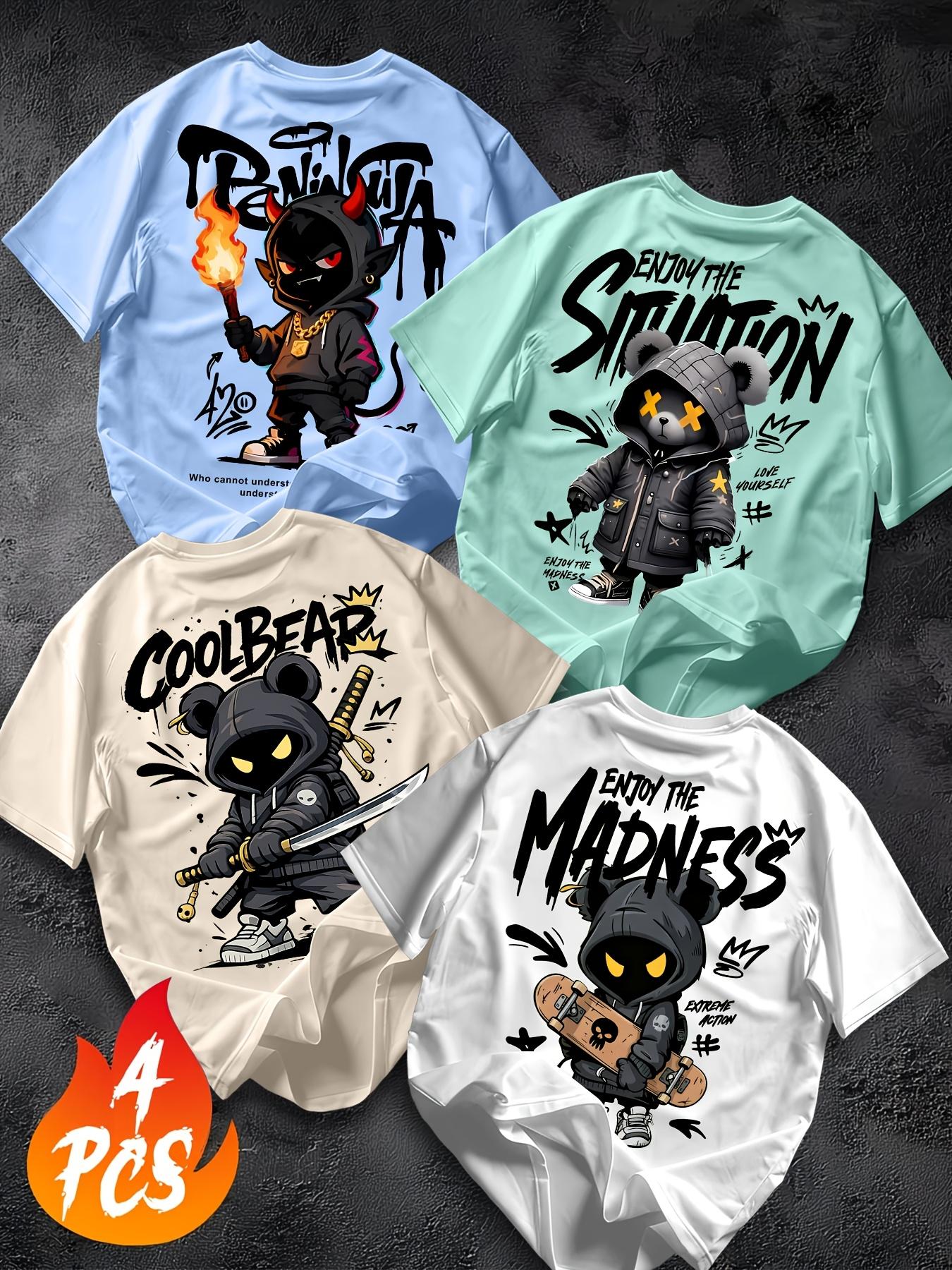 Men's 4-Pack Graphic T-Shirts - Menswear Regular Fit Shortsleeve Tops, Multi-Size Round Neck Artwork Tees for Summer, Outdoor Sports