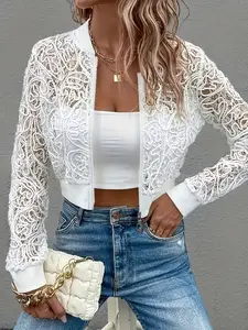 Spring Summer Sheer Lace Cropped Fitted Bomber Jacket Coats Outerwear Women | Full Zip Stand Collar Crochet Lace | Coquette Romantic Elegant Casual Style for Date Night Vacation Party