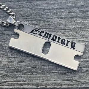Sematary Razor Necklace 1.25" Etched Mirror Polished Haunted Mound Pendant in Solid 316L Surgical Stainless Steel with Black Enamel Free Gift Included