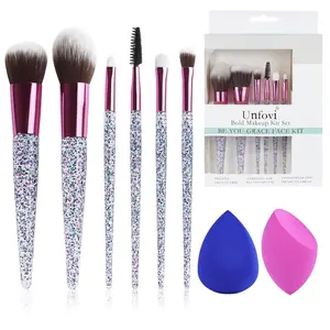 Unfovi 6-Piece Makeup Brush Set with 2 Beauty Sponges & Bling Crystal Handle - Daily Essential Cosmetic Brushes Kit for Professional Foundation, Concealer, Eyeshadow, Powder Blush(Purple)