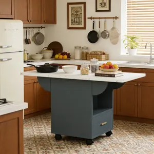 39.4" Wood Folding Dining Table with 4 Wheels – Movable Kitchen Table with Storage Rack & Drawer, Space-Saving Foldable End Table, Extendable Versatile Console Table for Small Spaces, White Marble Texture