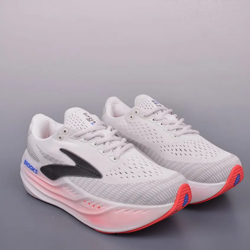 White Peach Pink Gradient Knit Mesh Max Cushion Running Shoes, Brooks Shock Absorb Marathon Trainers, Breathable Anti-Slip Long Distance Road Sneakers For Women Jogging