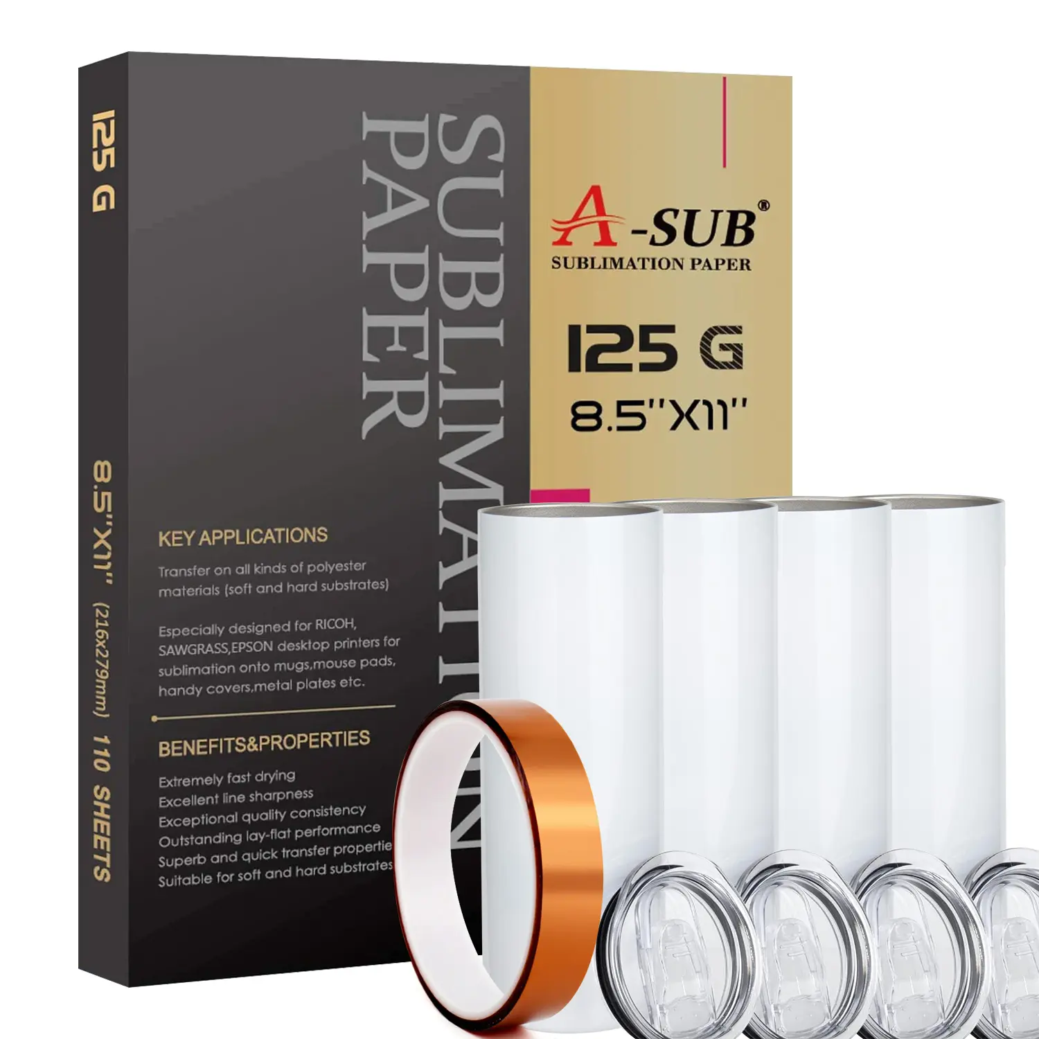 A-SUB Thermal Sublimation Paper 125gsm 8.5"x11" + 4 Tumblers + Tape Set for DIY Projects High Quality Durable Sublimation Paper for Mug Phone Case Metal Plate Bag Pillow, DIY Craft Paper