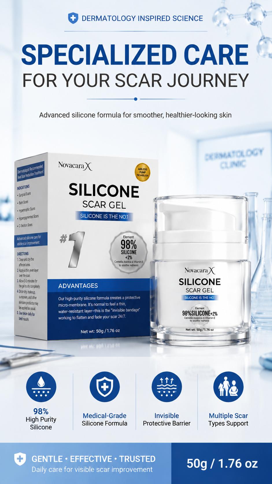 NOVACARA X 98% Silicone Scar Gel, Medical-Grade Treatment to Smooth Scars from C-Section, Surgery & Acne, Transparent Moisturizer for Sensitive Skin, Scar Removal Gel