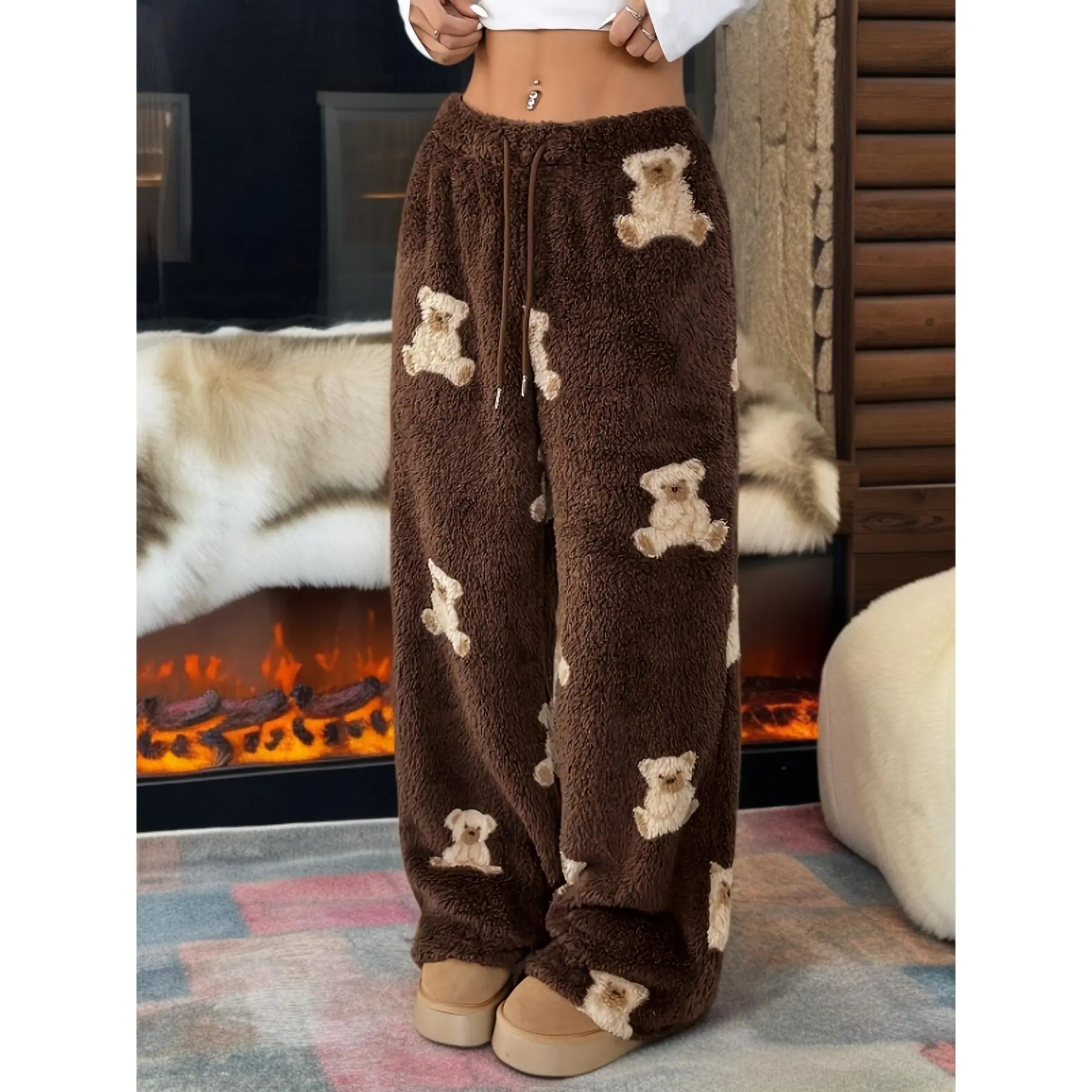 Women's Bear Print Pajama Pants, Cozy Plush Fleece Knit Loungewear for Winter, Thermal Sleep Bottoms with Drawstring Waist