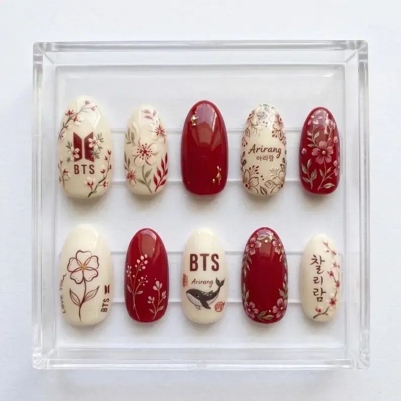Handmade BTS-Inspired Arirang Floral & Korean Whale Press-On False Nails, Nail Art Decoration Accessory for Beauty & Personal Care
