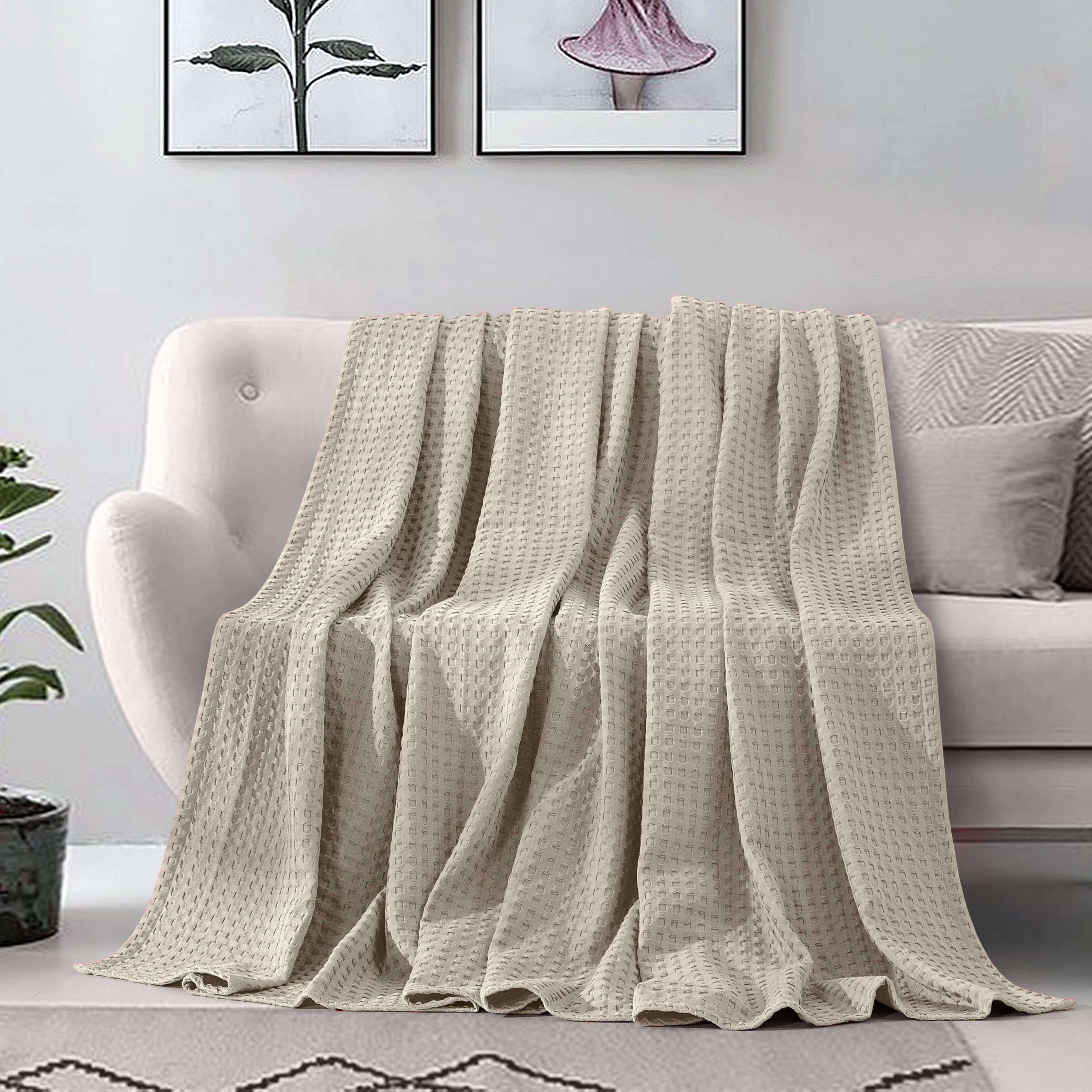 Elegant Comfort Cotton Waffle Weave Throw Blanket – Breathable Textured All-Season Cozy Bedding