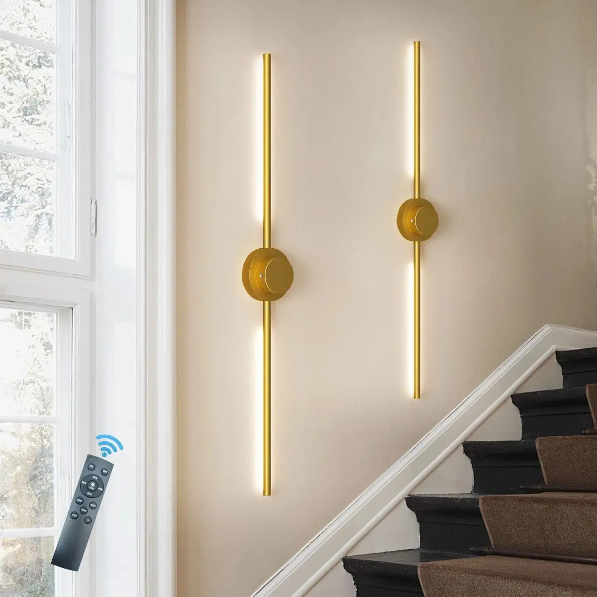 Garwarm 39.4 Inch Led Linear Wall Sconces Set with Remote Control, Dimmable Gold Wall Lamp with Rotatable Lamppost, 3000K-6000K LED Modern Wireless Wall Sconce for Living Room, Bedroom, Hallways, Stairwells (Set of 2)