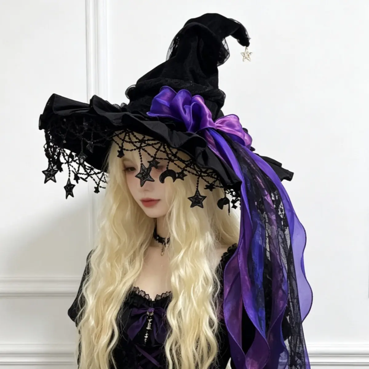 Elegant Black-Purple Witch Hat with Star Motifs, Ruffled Lace Trim - Sports & Outdoor Hat for Halloween Cosplay, Halloween Parties