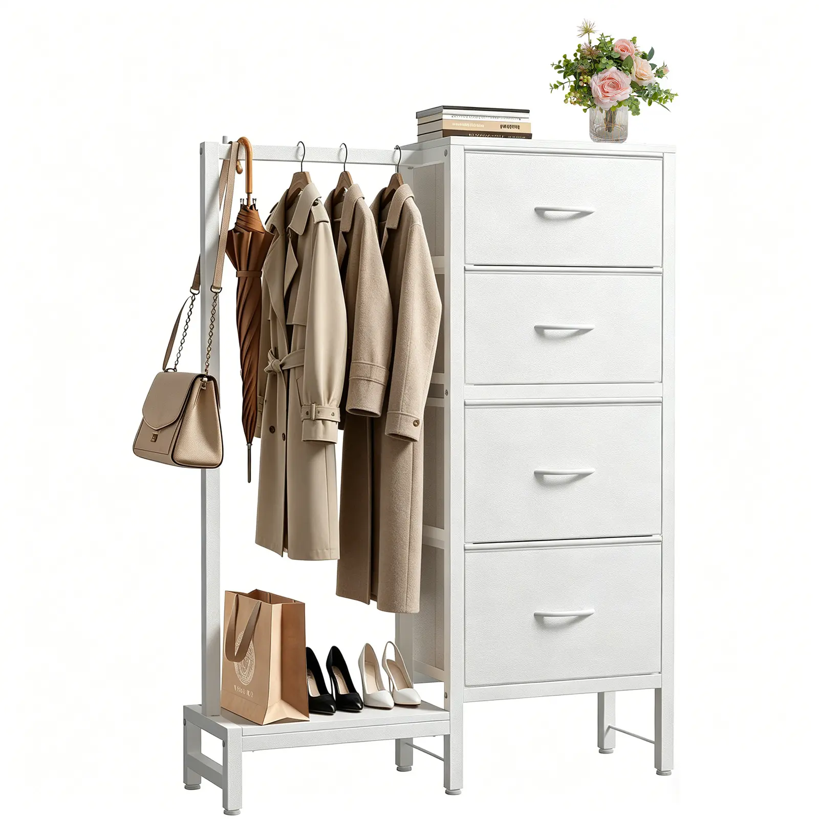 Dresser With Hanging Rack，Closet Organizer,With Hanging Rack With LED Lights & Charging Station,Wooden Top, for Home Living Room