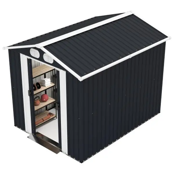 Bellemave Campcraft 8x6 FT Rectangular Metal+Wood Outdoor Storage Shed, Single Unit Large Space Outdoor Shelf with Lockable Doors, Air Vents, Easy Setup for Backyard Garden