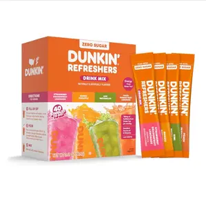 Dunkin’ Zero Sugar Refreshers Singles To Go! Powdered drink mix packets, 40 Ct Variety Pack, 40 Single serve Packets per Box (40 servings), Energy from Green Tea, aspartame-free, no synthetic colors, naturally and artificially flavored, just add water