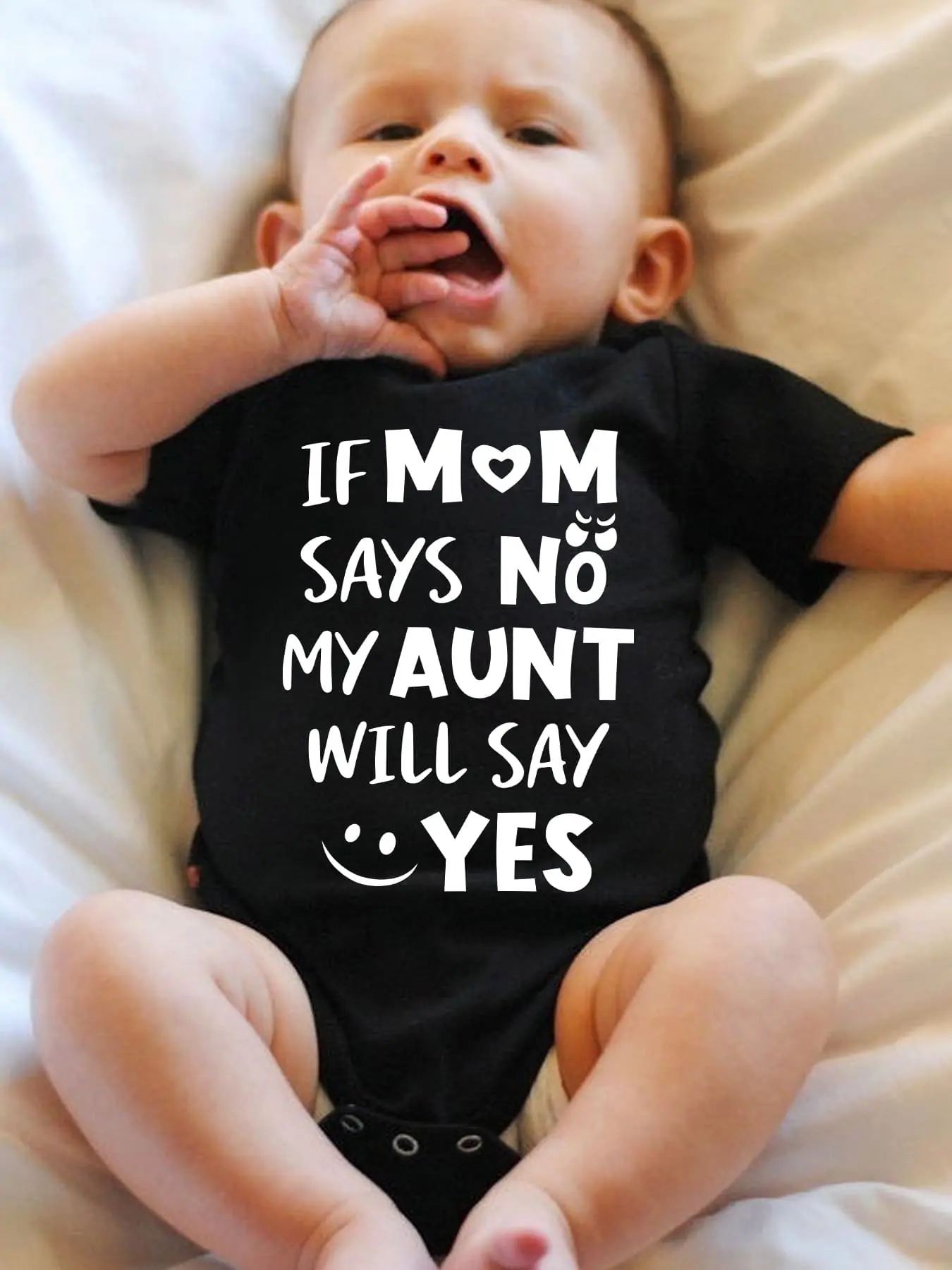 Baby Cotton Bodysuit with Funny Quote "If Mom Says No, My Aunt Will Say Yes", Newborn Baby Stuff, Short Sleeves, Fade Resistant, Snap Crotch, Onesie, Soft Cotton, Baby Outfit, Funny Onesie