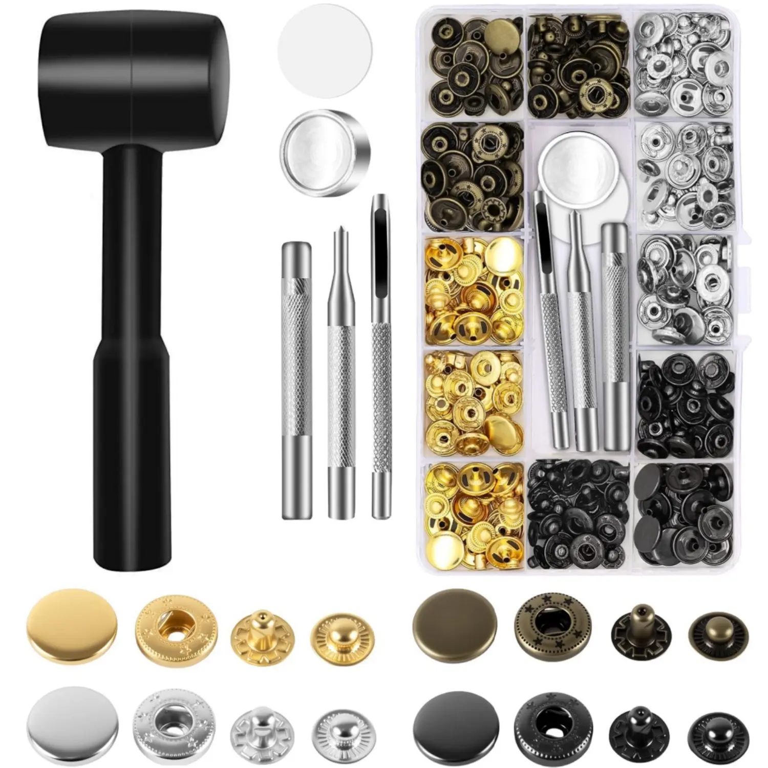 72-Set Leather Snap Fasteners Kit with 15mm Metal Press Studs, 6 Fixing Tools - Home Improvement Sewing Hardware for Clothes, Leather Crafts