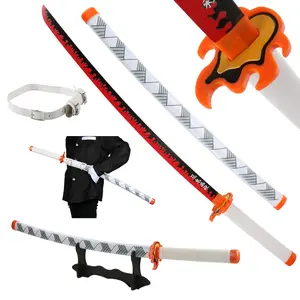 Anime Bamboo Wooden Dull Blade Demon Slayer Sword Cosplay Rengoku Kyoujurou 41 Inches with Belt Holder Stand Display for Role Playing & Collection - Samurai Katana