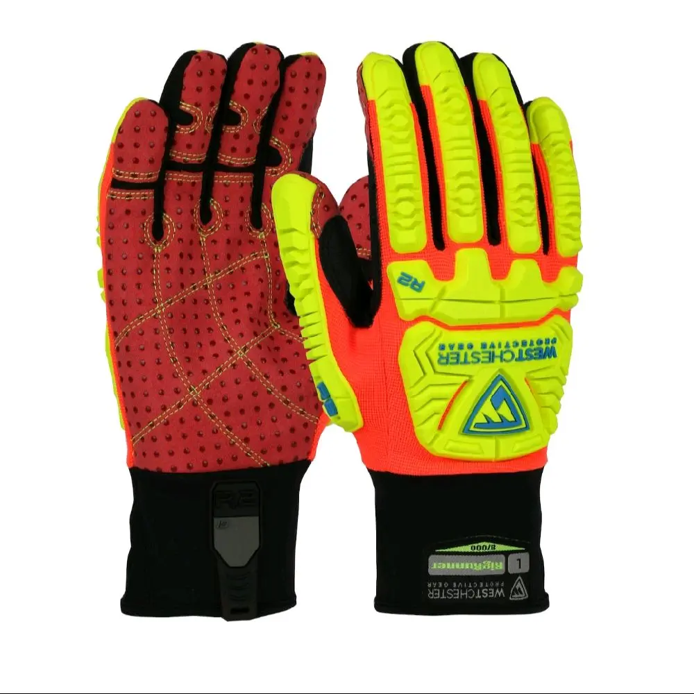 R2 RigRunner Abrasive Resistant Gardening Gloves - Synthetic Leather Double Palm, PVC Dotted Grip, Fabric Back, TPR Impact Protection, High-Visibility Armored Work Gloves with Dry Oil, Extended Life, ID Tag, Easy to See, Extra Cut Resistance