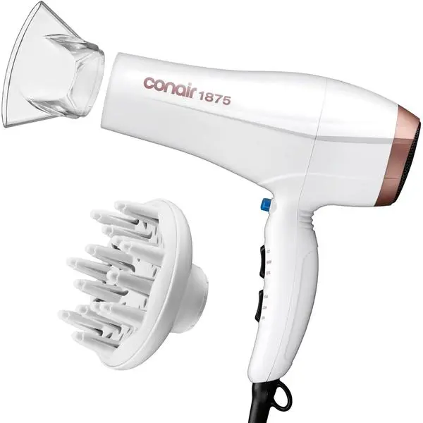 Conair Double Ceramic Hair Dryer with Diffuser & Concentrator, 1875W | Ionic blow dryer with concentrator and diffuser hair dryer attachments made to smooth frizz and enhance curl definition