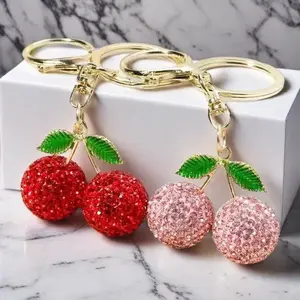 with Red & Pink Glitter-Studded Cherry Pendant Women's Cherry Keyring Rhinestone Fruit Charms Trendy Cute Keychain Bag Keychain Backpack Handbag Bag Chain Accessory Jewelry Valentine's Day Gift Bling Bling Keychains Sunshine Vibes