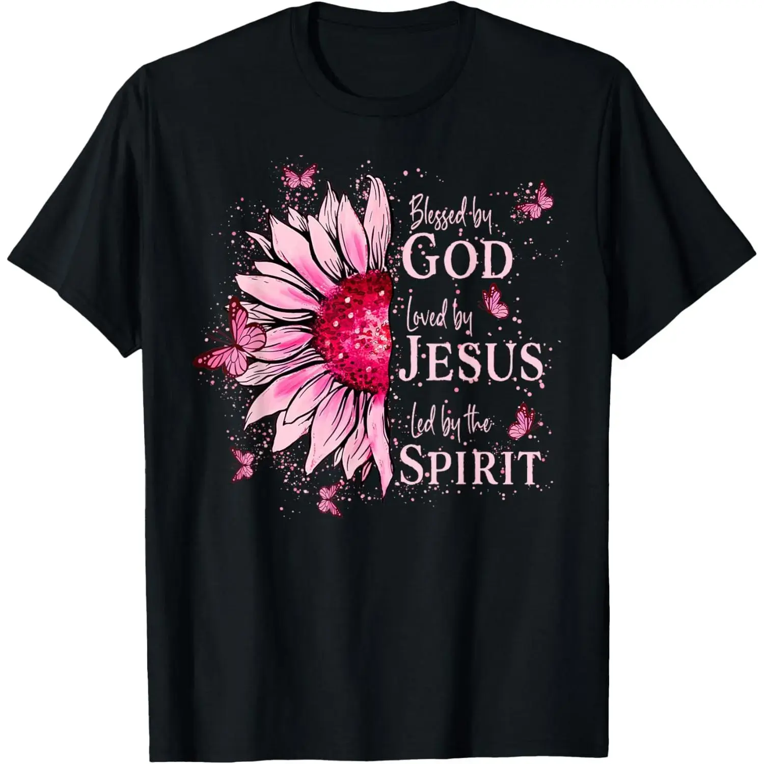Women's Short Sleeve Custom Print Blessed By God-Loved By Jesus Pink Sunflower T-Shirt - T-Shirts for Women, Daily Wear Jesus Tshirt with Sunflower Slogans