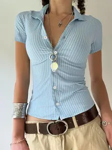 Women's Striped Print Button Front Blouse, Casual Slim-fitting Short Sleeve Button Collared Shirt for Summer, Blouses Shirts Tops, Ladies Clothes for Daily Wear