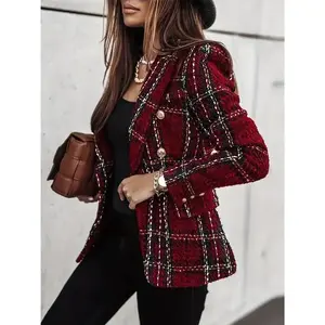 Elegant Plaid Women's Blazer - Chic Double-Breasted Jacket with Long Sleeves, Machine Washable, Polyester & Spandex Blend, Perfect for Office or Casual Wear in Fall/Winter